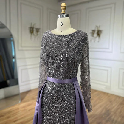 Serene Hill Muslim Purple Mermaid Beaded Pearls Evening Gown with Detachable Overskirt for Women | Wedding Party 2025 LA72032E - SERENE HILL