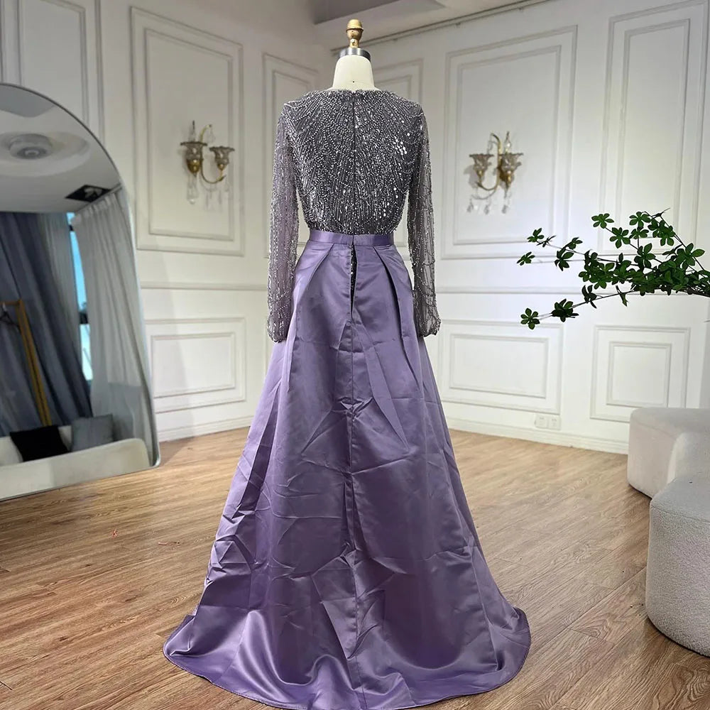 Serene Hill Muslim Purple Mermaid Beaded Pearls Evening Gown with Detachable Overskirt for Women | Wedding Party 2025 LA72032E - SERENE HILL