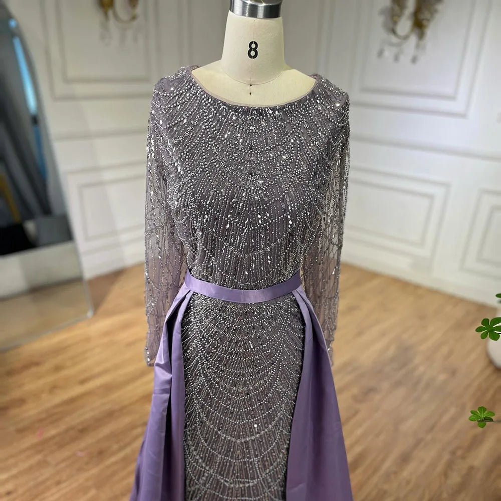Serene Hill Muslim Purple Mermaid Beaded Pearls Evening Gown with Detachable Overskirt for Women | Wedding Party 2025 LA72032E - SERENE HILL