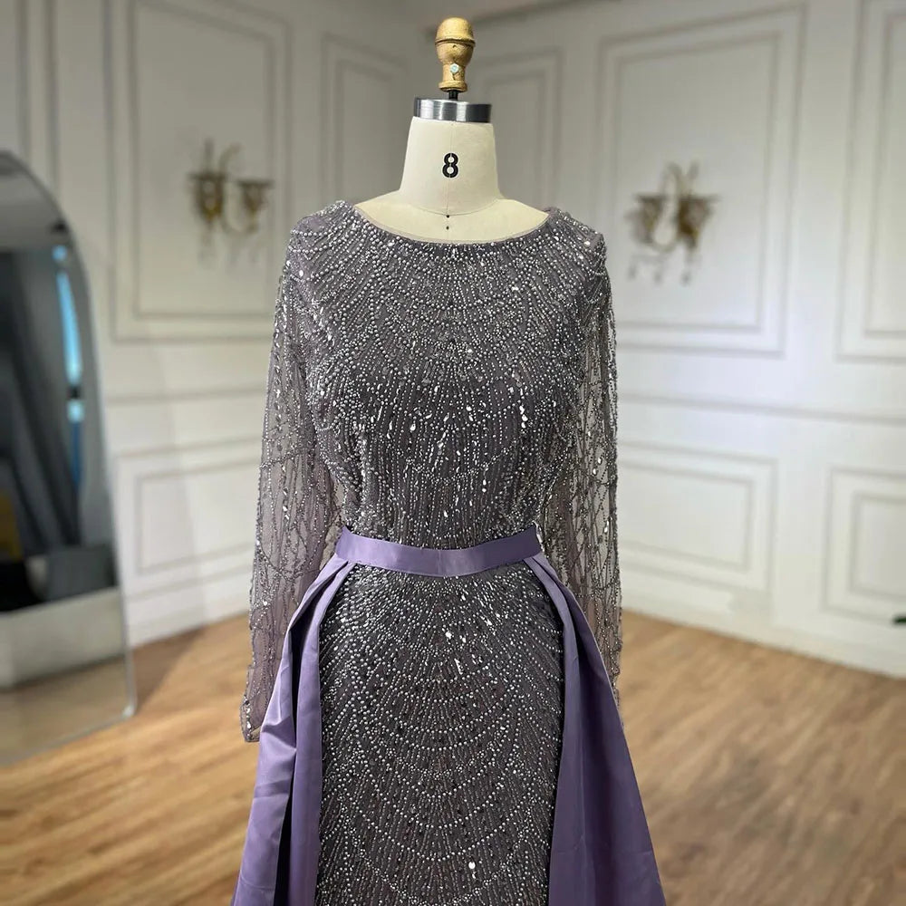 Serene Hill Muslim Purple Mermaid Beaded Pearls Evening Gown with Detachable Overskirt for Women | Wedding Party 2025 LA72032E - SERENE HILL