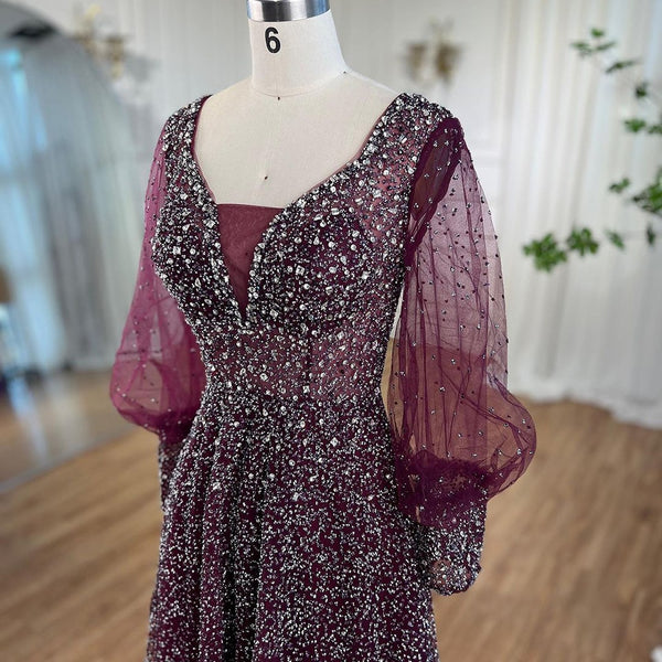 Serene Hill Muslim Purple A Line Elegant Puff Sleeves Evening Dresses Gowns Luxury Beaded 2025 For Women Wedding Party LA72145
