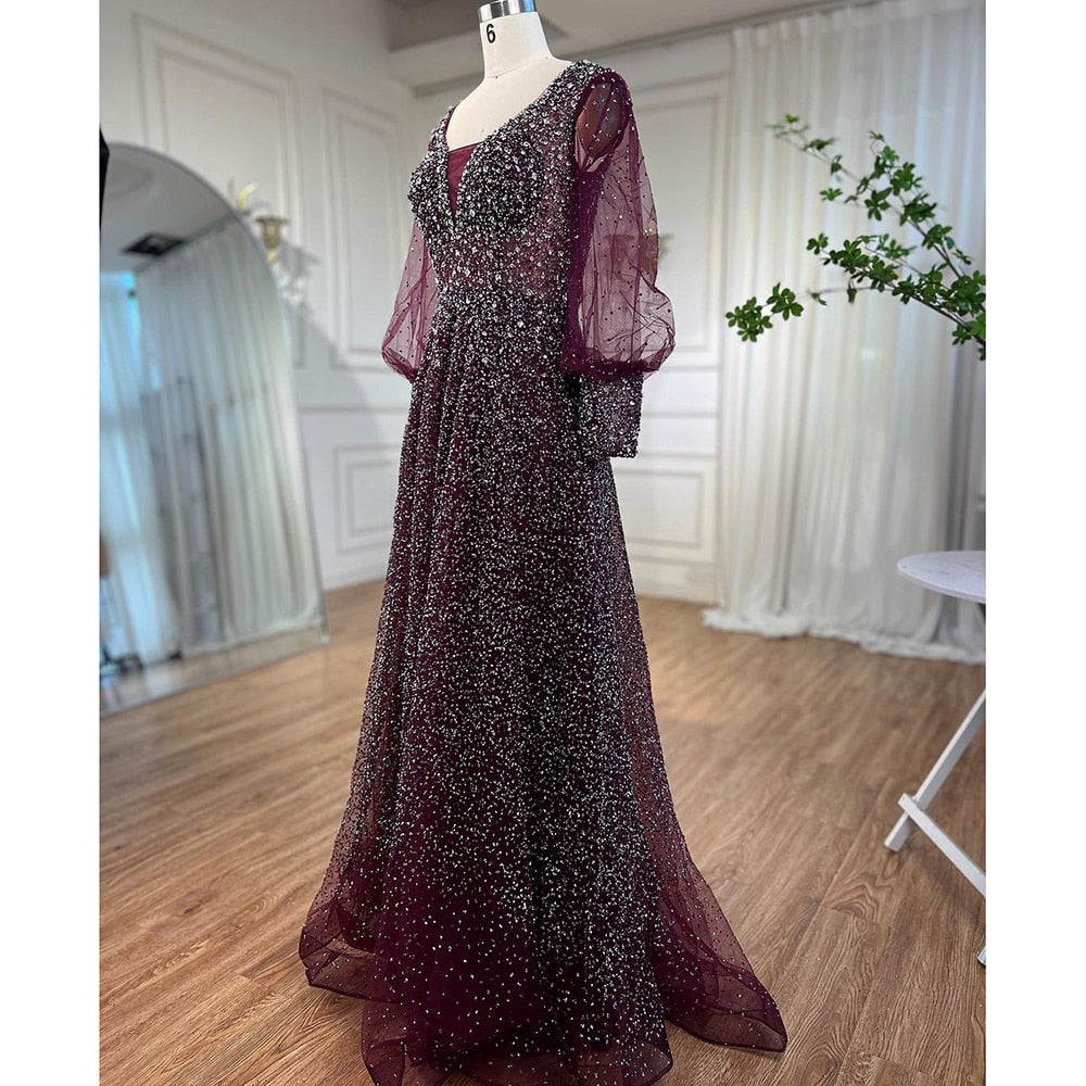 Serene Hill Muslim Purple A Line Elegant Puff Sleeves Evening Dresses Gowns Luxury Beaded 2025 For Women Wedding Party LA72145 - SERENE HILL