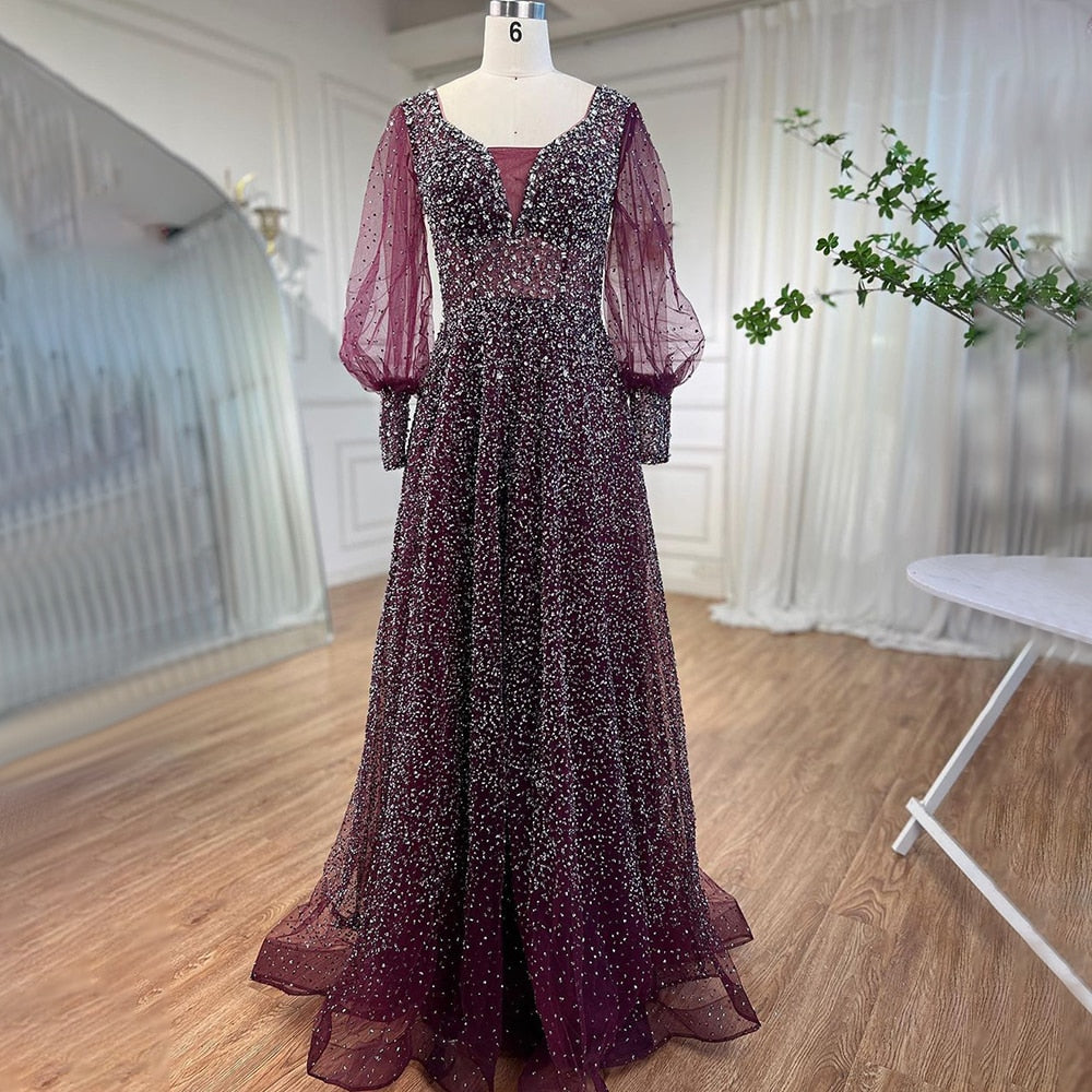 Serene Hill Muslim Purple A Line Elegant Puff Sleeves Evening Dresses Gowns Luxury Beaded 2025 For Women Wedding Party LA72145 - SERENE HILL
