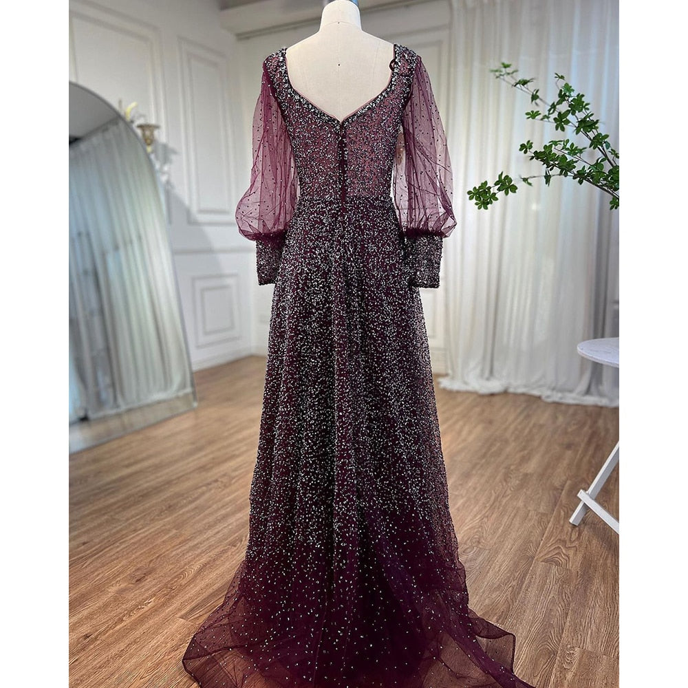 Serene Hill Muslim Purple A Line Elegant Puff Sleeves Evening Dresses Gowns Luxury Beaded 2025 For Women Wedding Party LA72145 - SERENE HILL