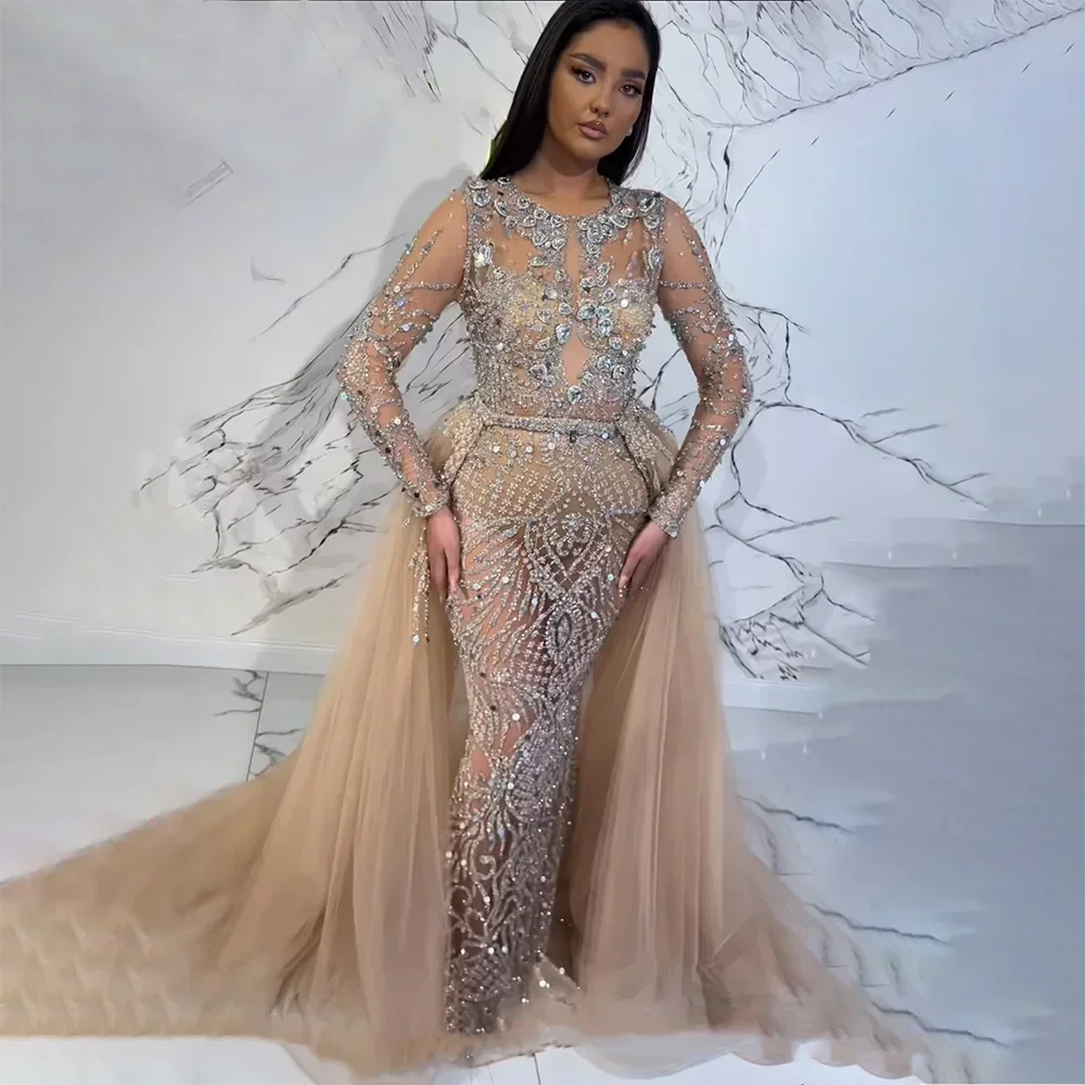 Serene Hill Muslim Silver Nude Mermaid Gown with Detachable Overskirt Beaded Evening Dress for Women Wedding Party LA71919 - SERENE HILL