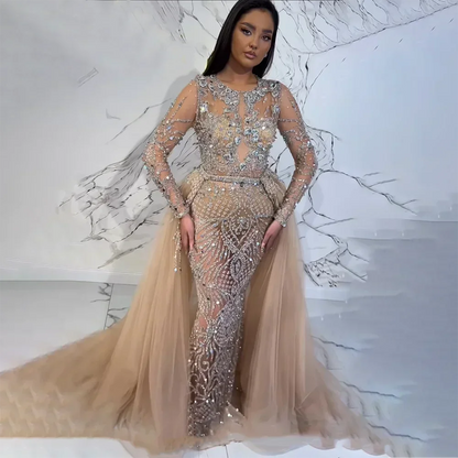 Serene Hill Muslim Silver Nude Mermaid Gown with Detachable Overskirt Beaded Evening Dress for Women Wedding Party LA71919 - SERENE HILL
