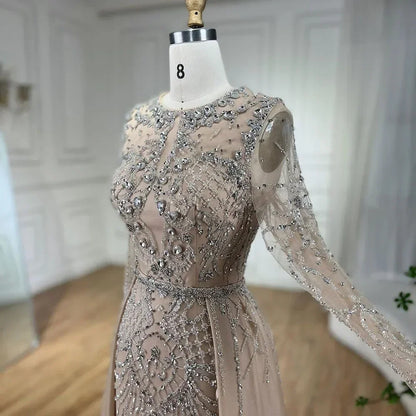 Serene Hill Muslim Silver Nude Mermaid Gown with Detachable Overskirt Beaded Evening Dress for Women Wedding Party LA71919 - SERENE HILL