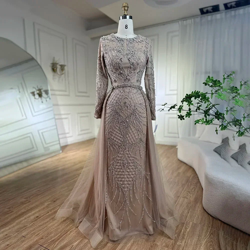 Serene Hill Muslim Silver Nude Mermaid Gown with Detachable Overskirt Beaded Evening Dress for Women Wedding Party LA71919 - SERENE HILL