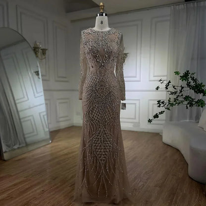 Serene Hill Muslim Silver Nude Mermaid Gown with Detachable Overskirt Beaded Evening Dress for Women Wedding Party LA71919 - SERENE HILL