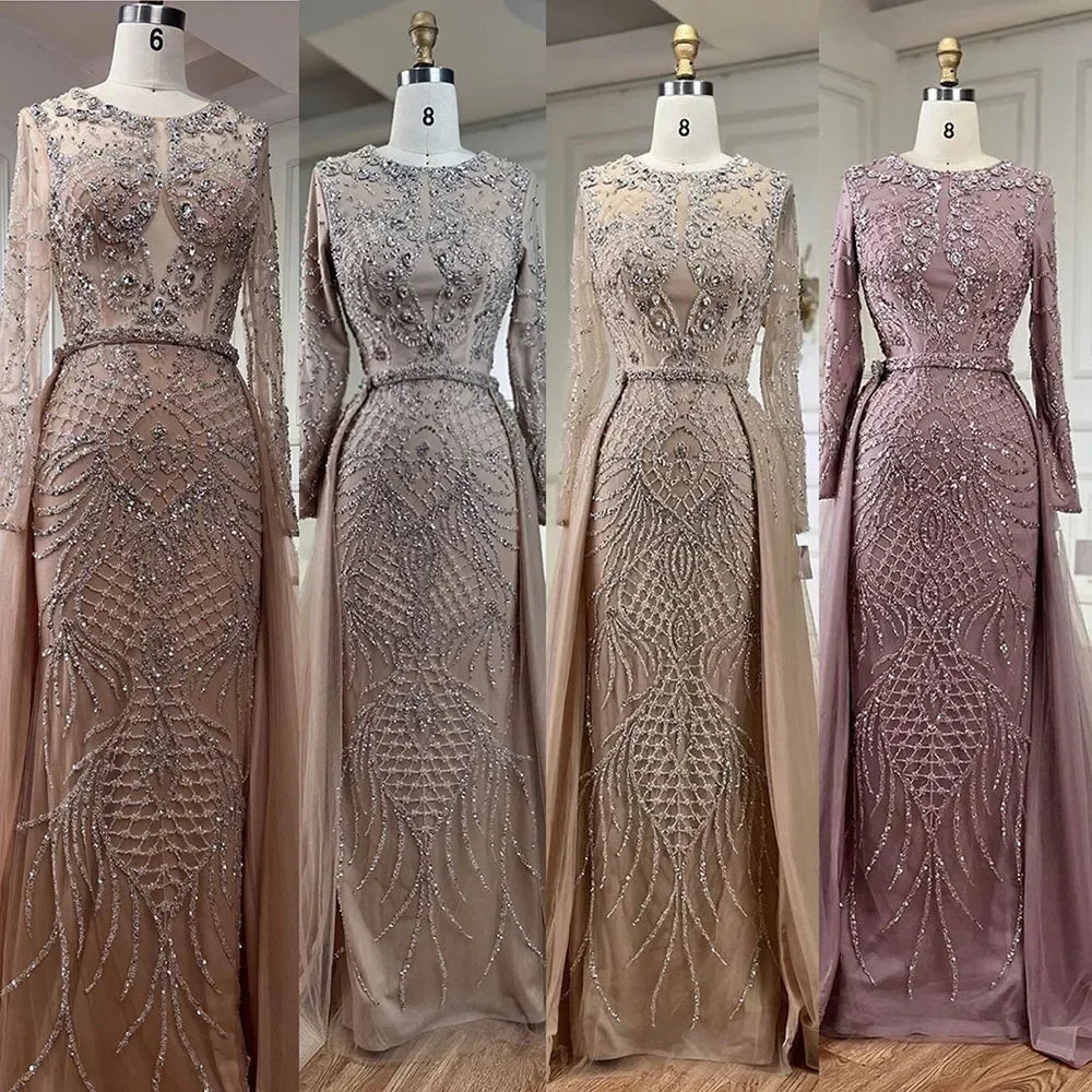 Serene Hill Muslim Silver Nude Mermaid Gown with Detachable Overskirt Beaded Evening Dress for Women Wedding Party LA71919 - SERENE HILL