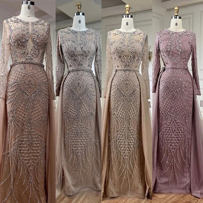 Serene Hill Muslim Silver Nude Mermaid Gown with Detachable Overskirt Beaded Evening Dress for Women Wedding Party LA71919 - SERENE HILL