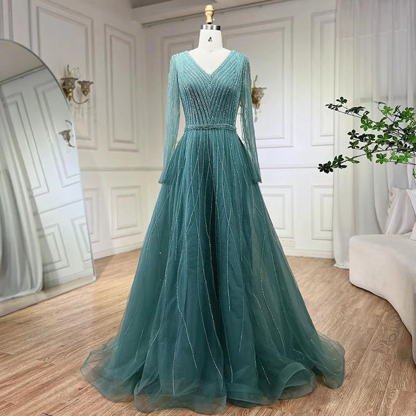 Muslim Luxury Turquoise A-Line Evening Dress LA72228