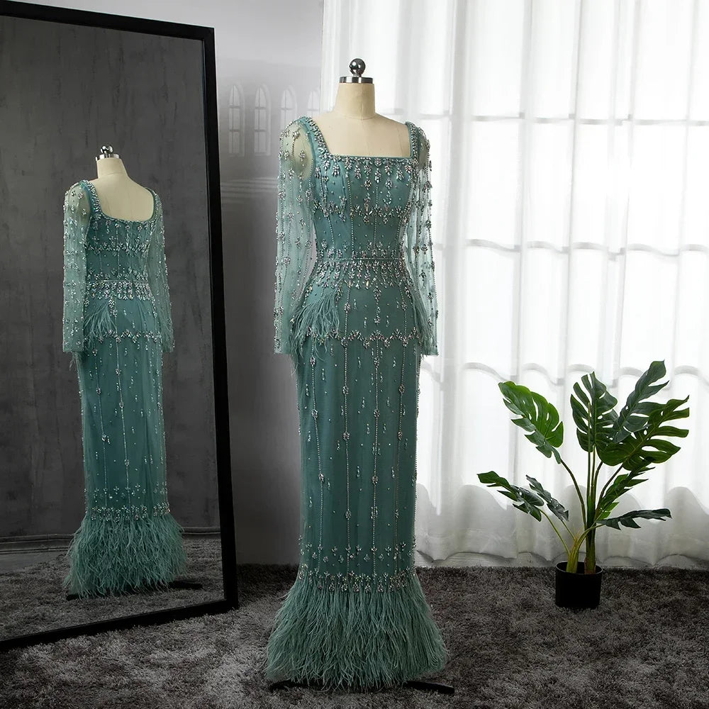 Muslim Luxury Feather Ankle Evening Dress with Long Sleeves LA71722 - SERENE HILL