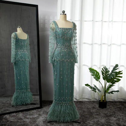 Muslim Luxury Feather Ankle Evening Dress with Long Sleeves LA71722 - SERENE HILL