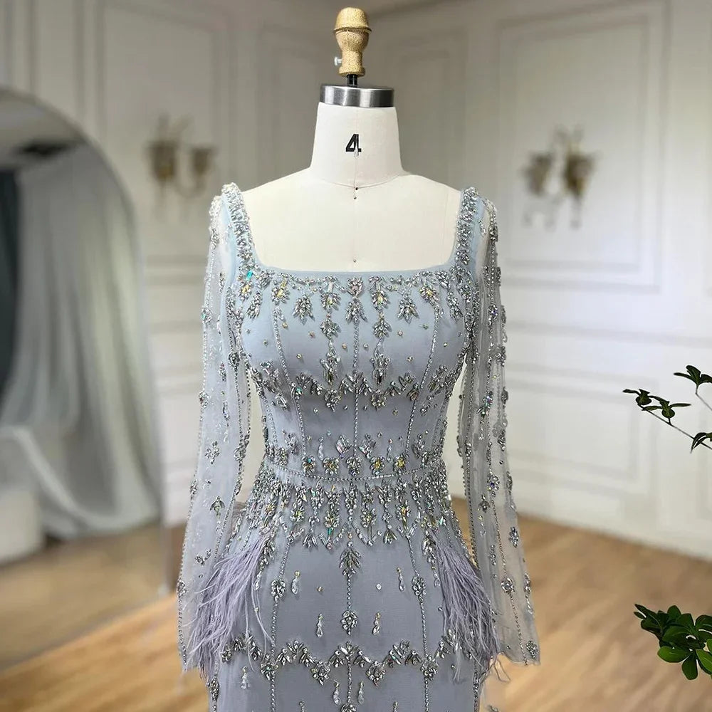 Muslim Luxury Feather Ankle Evening Dress with Long Sleeves LA71722 - SERENE HILL