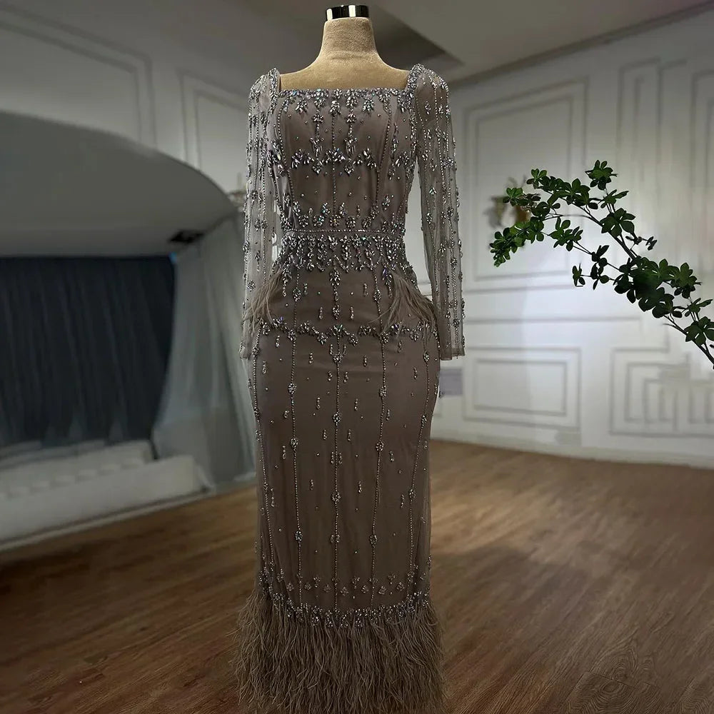 Muslim Luxury Feather Ankle Evening Dress with Long Sleeves LA71722 - SERENE HILL