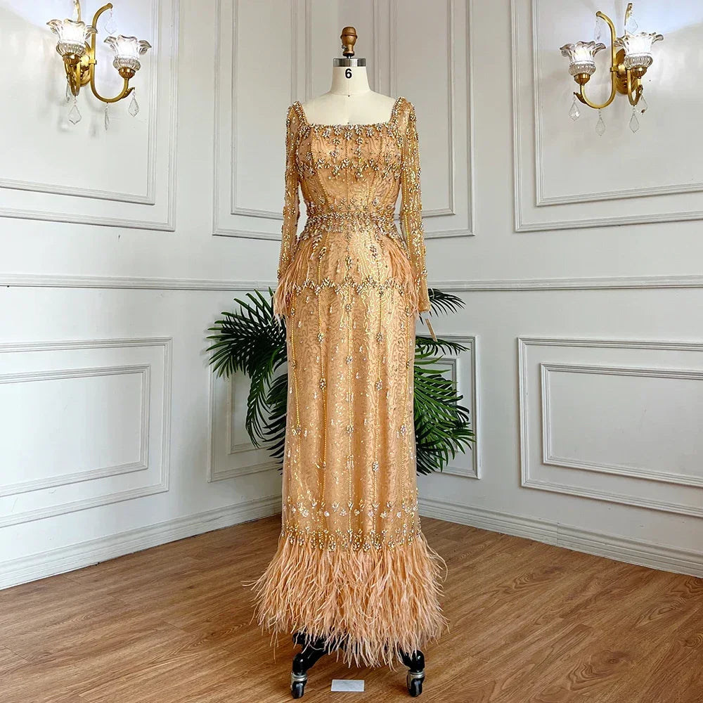 Muslim Luxury Feather Ankle Evening Dress with Long Sleeves LA71722 - SERENE HILL