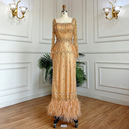 Muslim Luxury Feather Ankle Evening Dress with Long Sleeves LA71722 - SERENE HILL