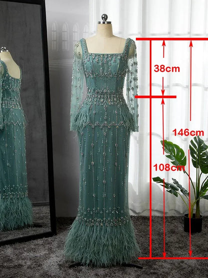 Muslim Luxury Feather Ankle Evening Dress with Long Sleeves LA71722 - SERENE HILL