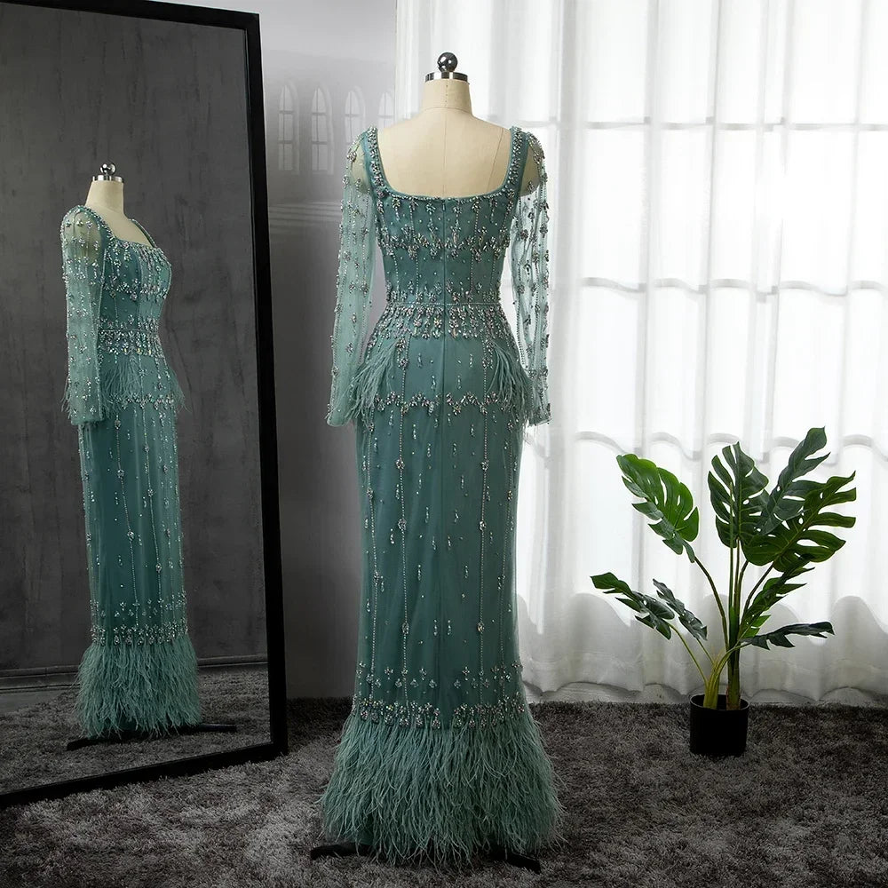 Muslim Luxury Feather Ankle Evening Dress with Long Sleeves LA71722 - SERENE HILL
