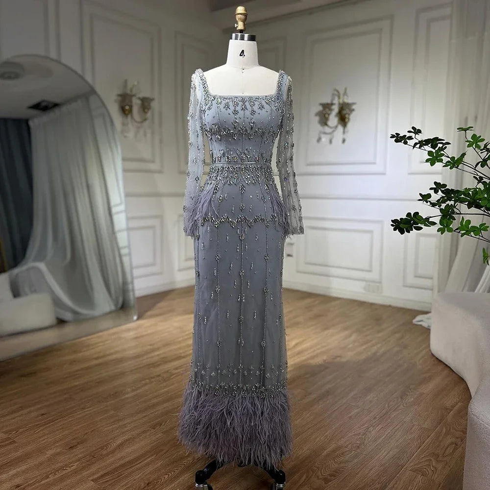 Muslim Luxury Feather Ankle Evening Dress with Long Sleeves LA71722 - SERENE HILL