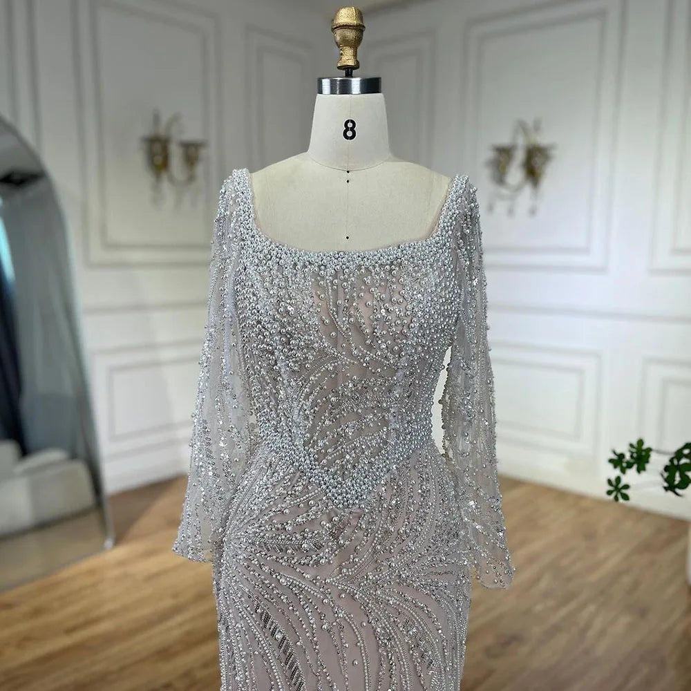 Serene Hill Muslim White Nude Elegant Mermaid Luxury Dubai Evening Dresses Gowns Pearls Beaded For Women Wedding Party LA72266A - SERENE HILL