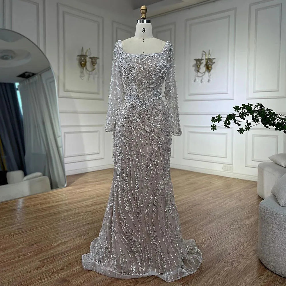 Serene Hill Muslim White Nude Elegant Mermaid Luxury Dubai Evening Dresses Gowns Pearls Beaded For Women Wedding Party LA72266A - SERENE HILL