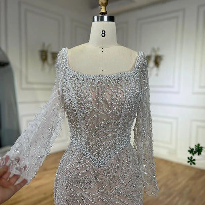Serene Hill Muslim White Nude Elegant Mermaid Luxury Dubai Evening Dresses Gowns Pearls Beaded For Women Wedding Party LA72266A - SERENE HILL
