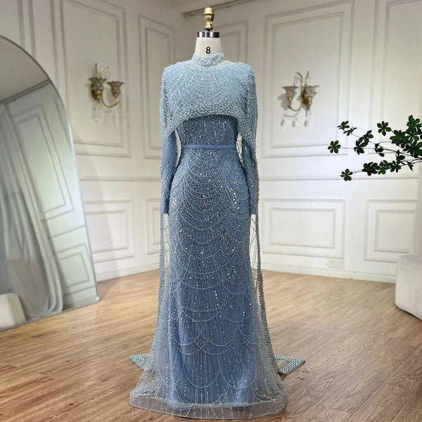 Muslim Long Cape Dubai Crystal Beaded Evening Gown LA72032M