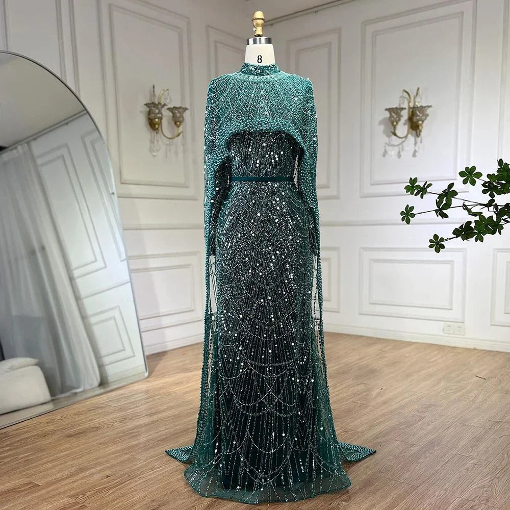 Muslim Long Cape Dubai Crystal Beaded Evening Gown LA72032M - SERENE HILL