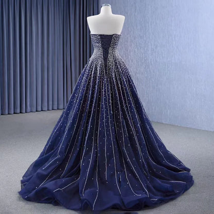 Serene Hill Navy Blue High End Sexy Crystal Beaded Luxury Pearls Lace Up Bride Gowns Wedding Dress Custom Made HM23102 - SERENE HILL