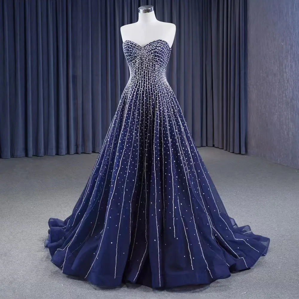 Serene Hill Navy Blue High End Sexy Crystal Beaded Luxury Pearls Lace Up Bride Gowns Wedding Dress Custom Made HM23102 - SERENE HILL