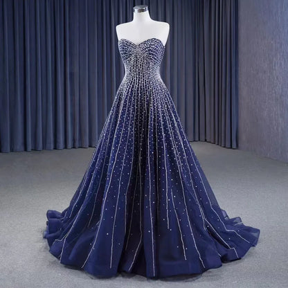 Serene Hill Navy Blue High End Sexy Crystal Beaded Luxury Pearls Lace Up Bride Gowns Wedding Dress Custom Made HM23102 - SERENE HILL