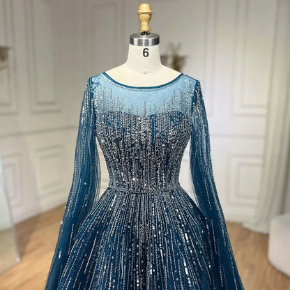 Luxury Blue A-Line Evening Dresses with Cape Sleeve LA72248A - SERENE HILL