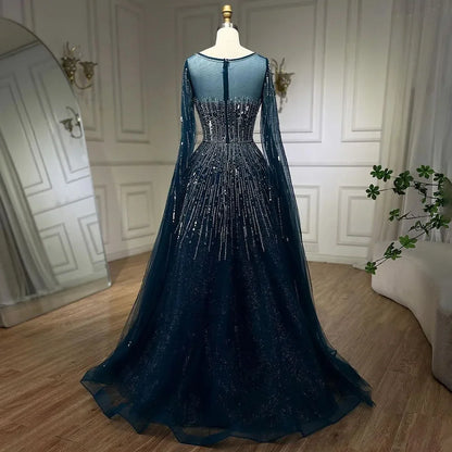 Luxury Blue A-Line Evening Dresses with Cape Sleeve LA72248A - SERENE HILL