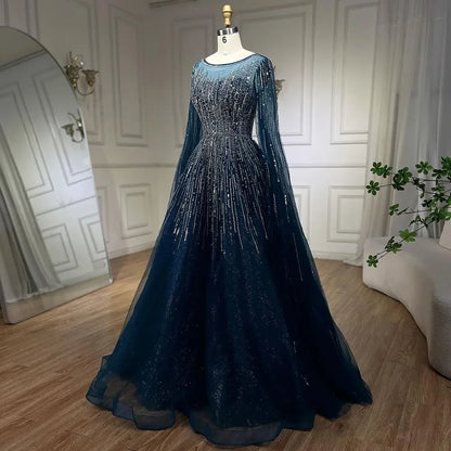 Luxury Blue A-Line Evening Dresses with Cape Sleeve LA72248A - SERENE HILL