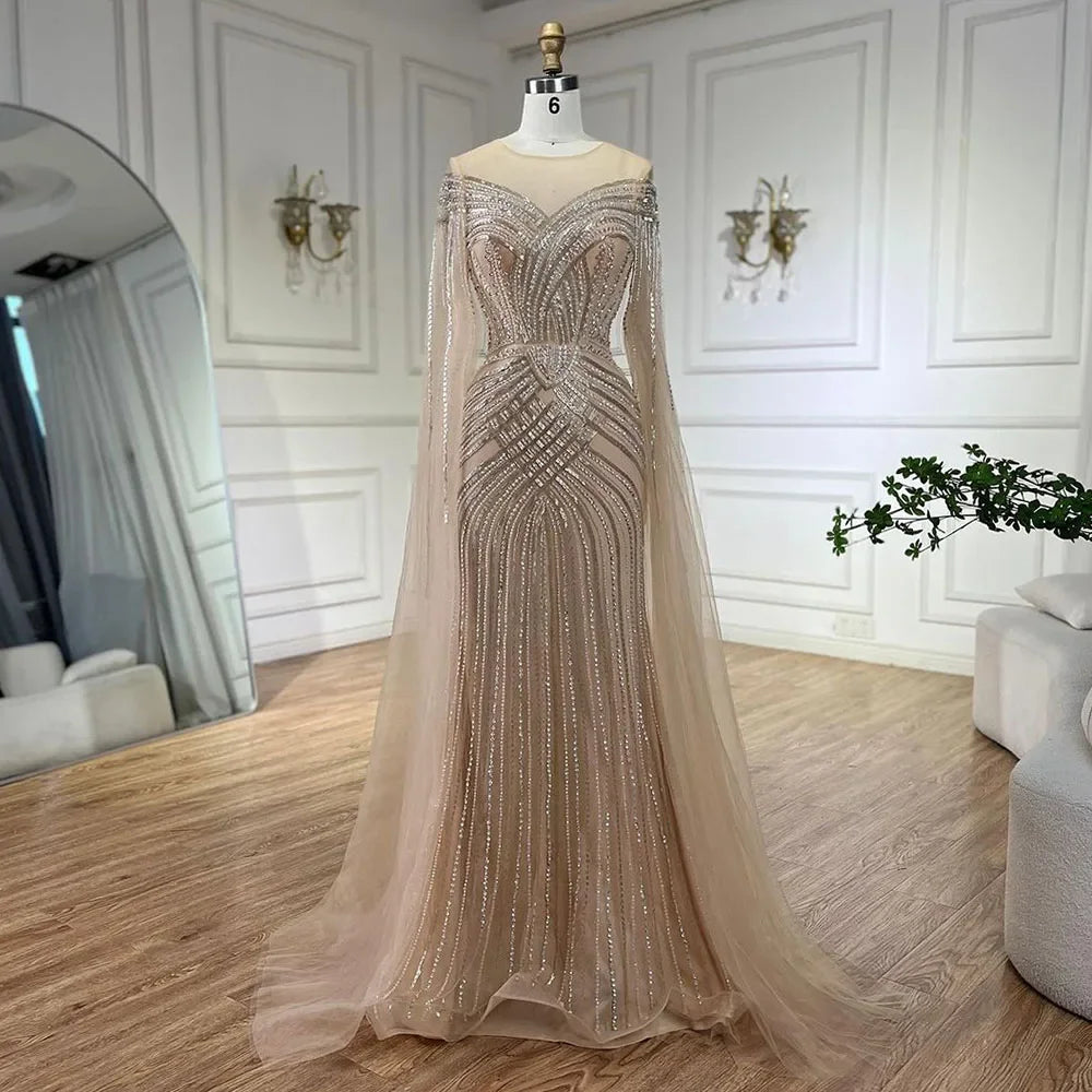 Serene Hill Nude Arabic Mermaid Cape Sleeves O-neck Beaded Evening Dresses Luxury Gowns 2025 For Women Wedding Party LA72012 - SERENE HILL