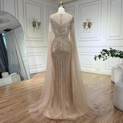 Serene Hill Nude Arabic Mermaid Cape Sleeves O-neck Beaded Evening Dresses Luxury Gowns 2025 For Women Wedding Party LA72012 - SERENE HILL