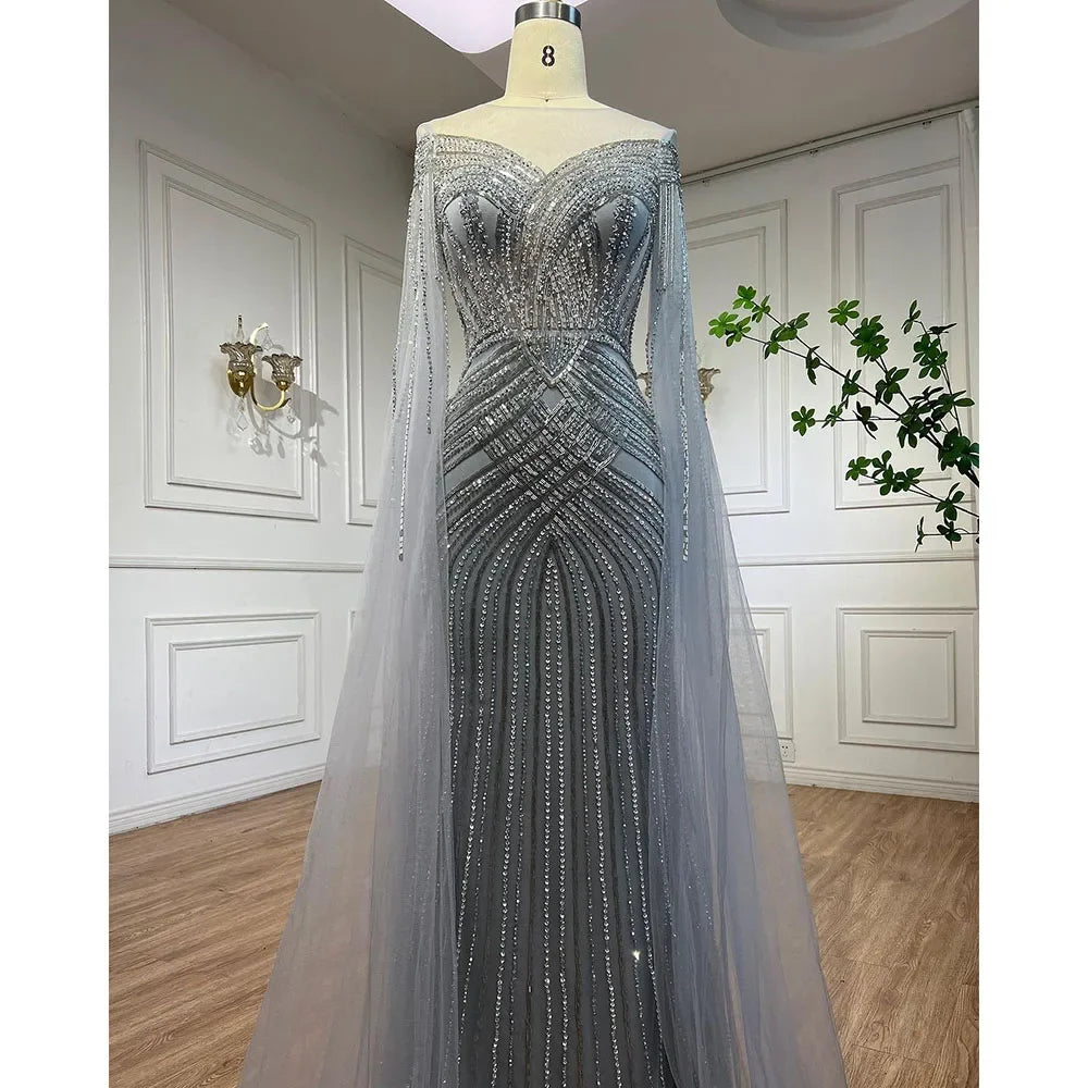 Serene Hill Nude Arabic Mermaid Cape Sleeves O-neck Beaded Evening Dresses Luxury Gowns 2025 For Women Wedding Party LA72012 - SERENE HILL