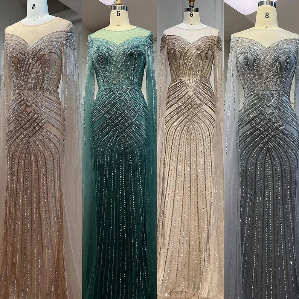 Serene Hill Nude Arabic Mermaid Cape Sleeves O-neck Beaded Evening Dresses Luxury Gowns 2025 For Women Wedding Party LA72012 - SERENE HILL
