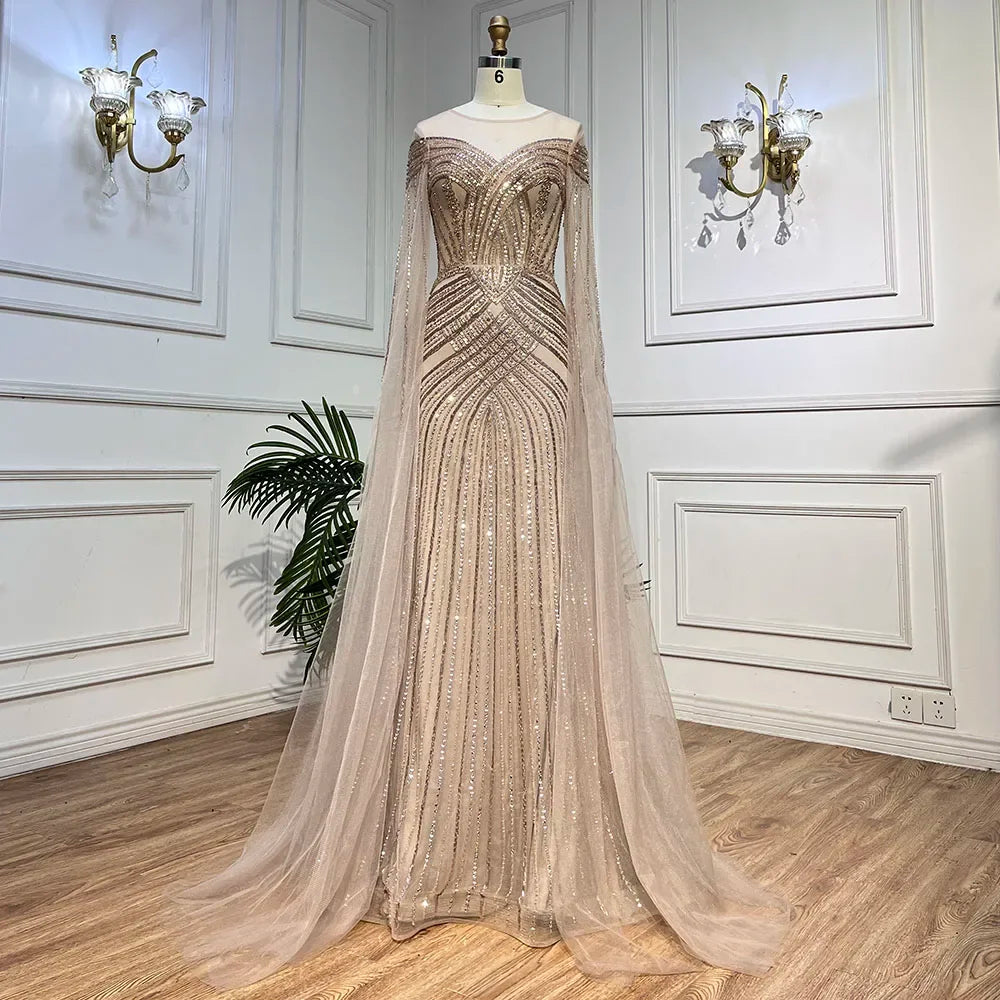 Serene Hill Nude Arabic Mermaid Cape Sleeves O-neck Beaded Evening Dresses Luxury Gowns 2025 For Women Wedding Party LA72012 - SERENE HILL