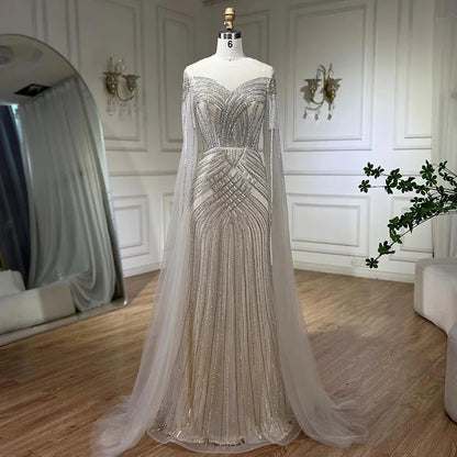 Serene Hill Nude Arabic Mermaid Cape Sleeves O-neck Beaded Evening Dresses Luxury Gowns 2025 For Women Wedding Party LA72012 - SERENE HILL