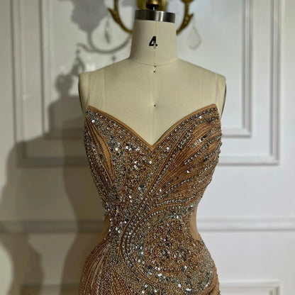 Luxury Dubai Nude Beaded Mermaid Evening Gown with High Split for Formal Occasion LA72904 - SERENE HILL