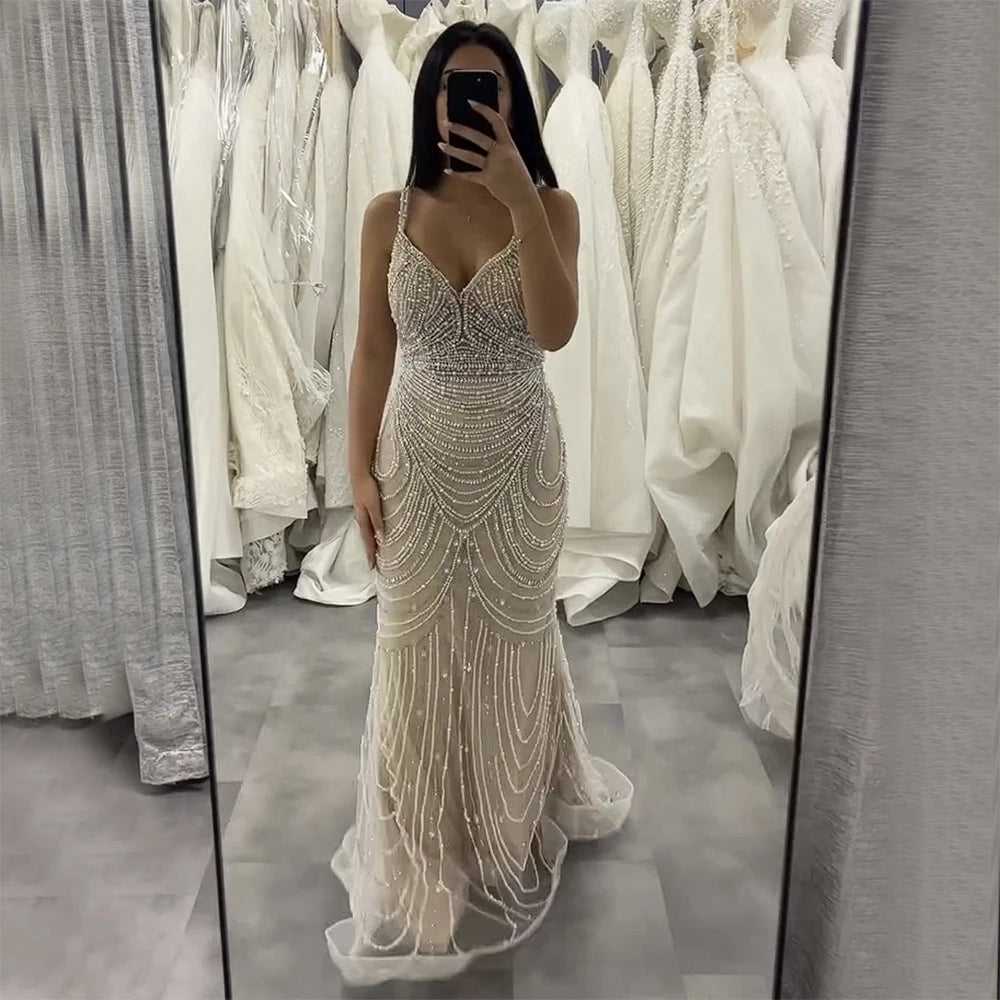 Nude Beaded Arabic Evening Gown with Spaghetti Straps LA72253A - SERENE HILL