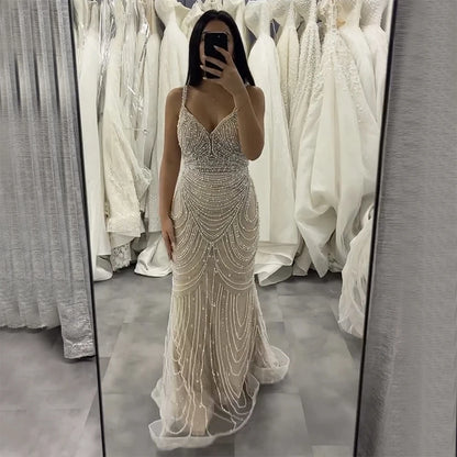 Nude Beaded Arabic Evening Gown with Spaghetti Straps LA72253A - SERENE HILL