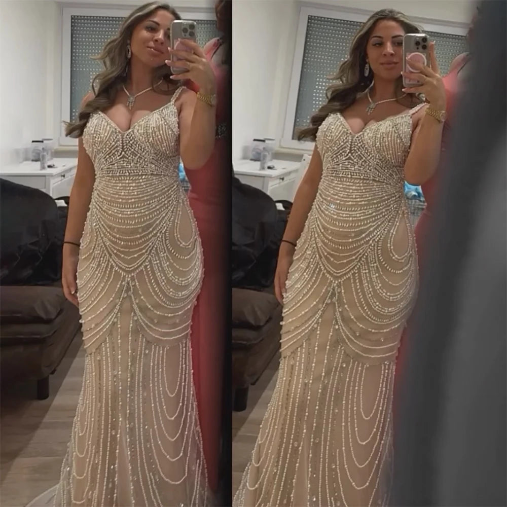 Nude Beaded Arabic Evening Gown with Spaghetti Straps LA72253A - SERENE HILL