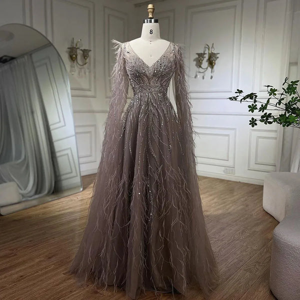Nude Feathers A-line Evening Dress with Cape Sleeves LA72304