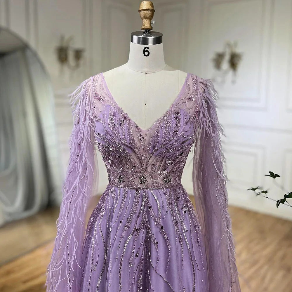 Nude Feathers A-line Evening Dress with Cape Sleeves LA72304 - SERENE HILL