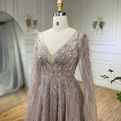 Nude Feathers A-line Evening Dress with Cape Sleeves LA72304 - SERENE HILL