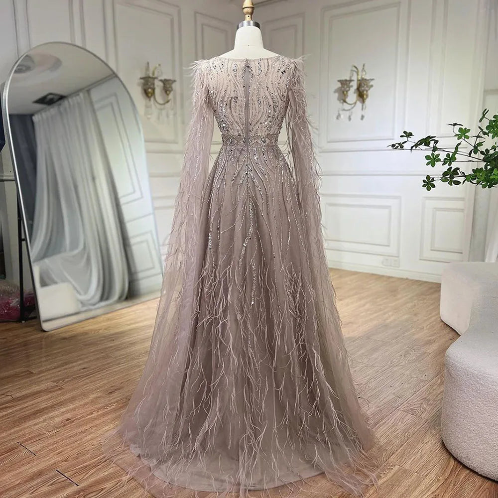 Nude Feathers A-line Evening Dress with Cape Sleeves LA72304 - SERENE HILL
